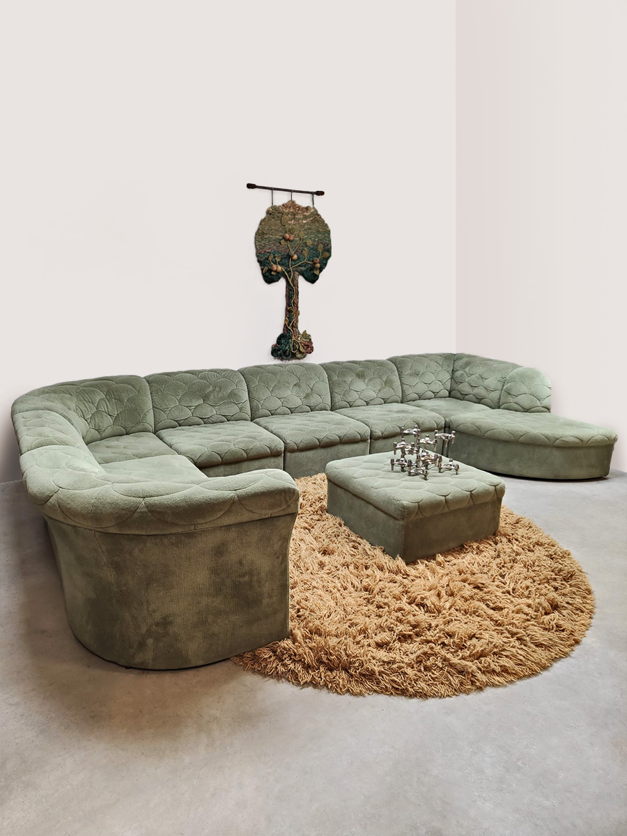 Vintage furniture design velvet quilted modular sofa modulaire elementen bank Laauser ‘Green pastel’