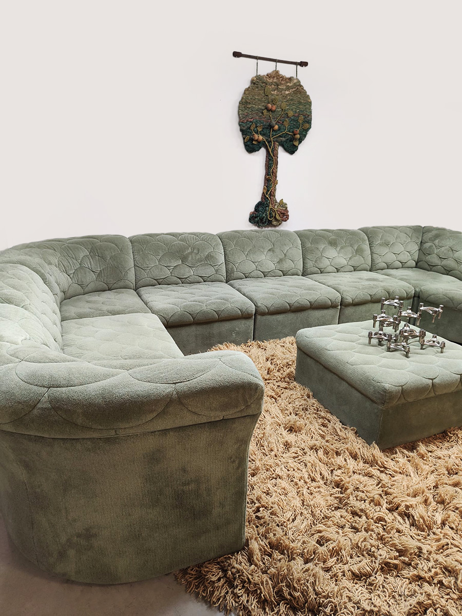 Vintage velvet quilted modular sofa modulaire elementen bank Laauser ‘Green pastel’
