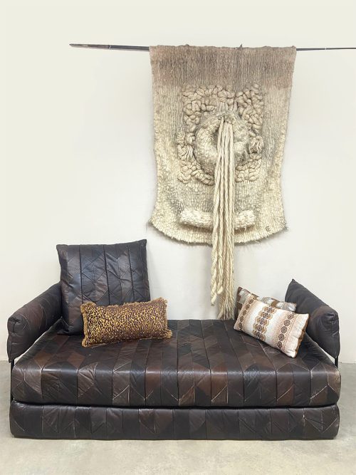 Midcentury interior design leather sofa daybed double bed leren lounge bank ‘Patchwork’
