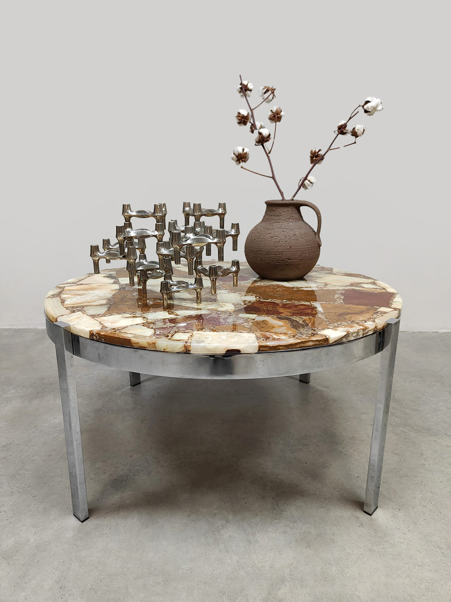Vintage interior design stone onyx marble round coffee table stenen ronde salontafel ‘Eclectic’