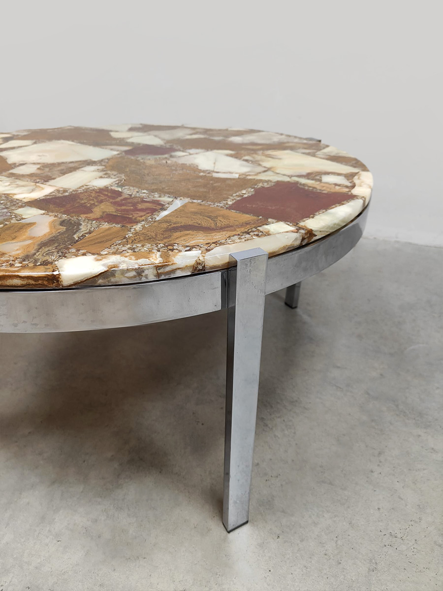 Midcentury furniture styling stone onyx marble round coffee table stenen ronde salontafel ‘Eclectic’