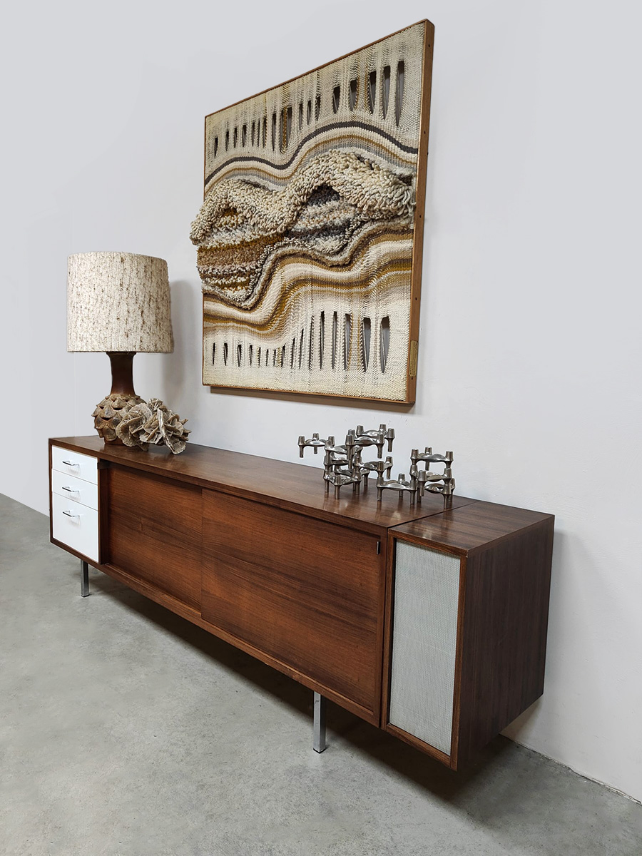 Midcentury interior design wooden sideboard credenza dressoir wandkast 1970