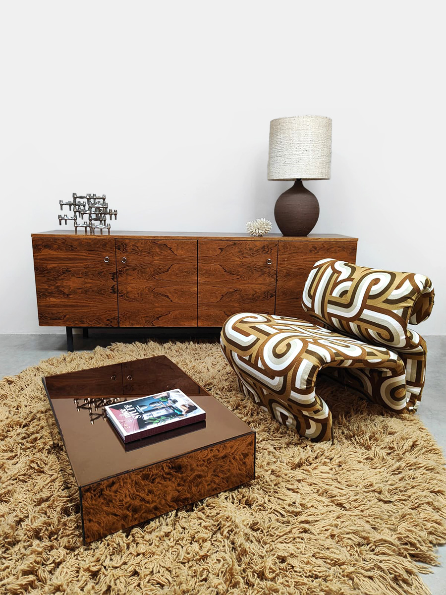 Midcentury interior design wooden sideboard credenza dressoir wandkast 1970