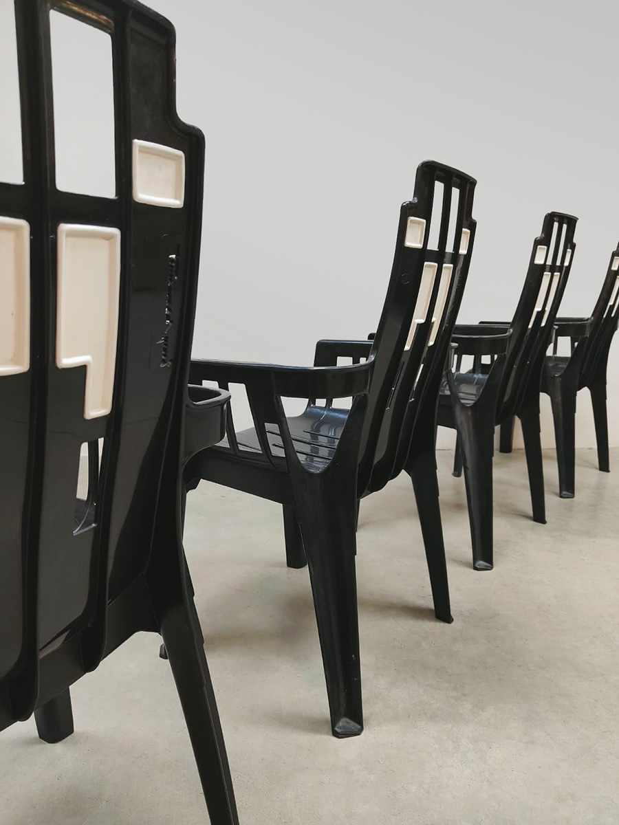 Midcentury furniture design Boston garden dining chairs stapelstoelen eetkamer stoelen Pierre Paulin Henry Massonnet 1980 Midcentury furniture design Boston garden dining chairs stapelstoelen eetkamer stoelen Pierre Paulin Henry Massonnet 1980