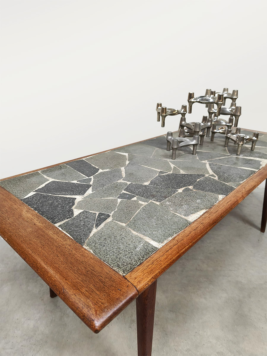 Danish interior design teak & slate stone coffee table Deense hout & leistenen salontafel