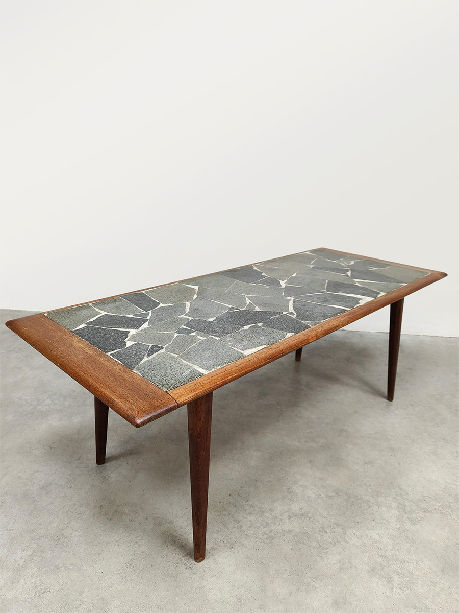 Midcentury furniture design teak & slate stone coffee table Deense hout & leistenen salontafel