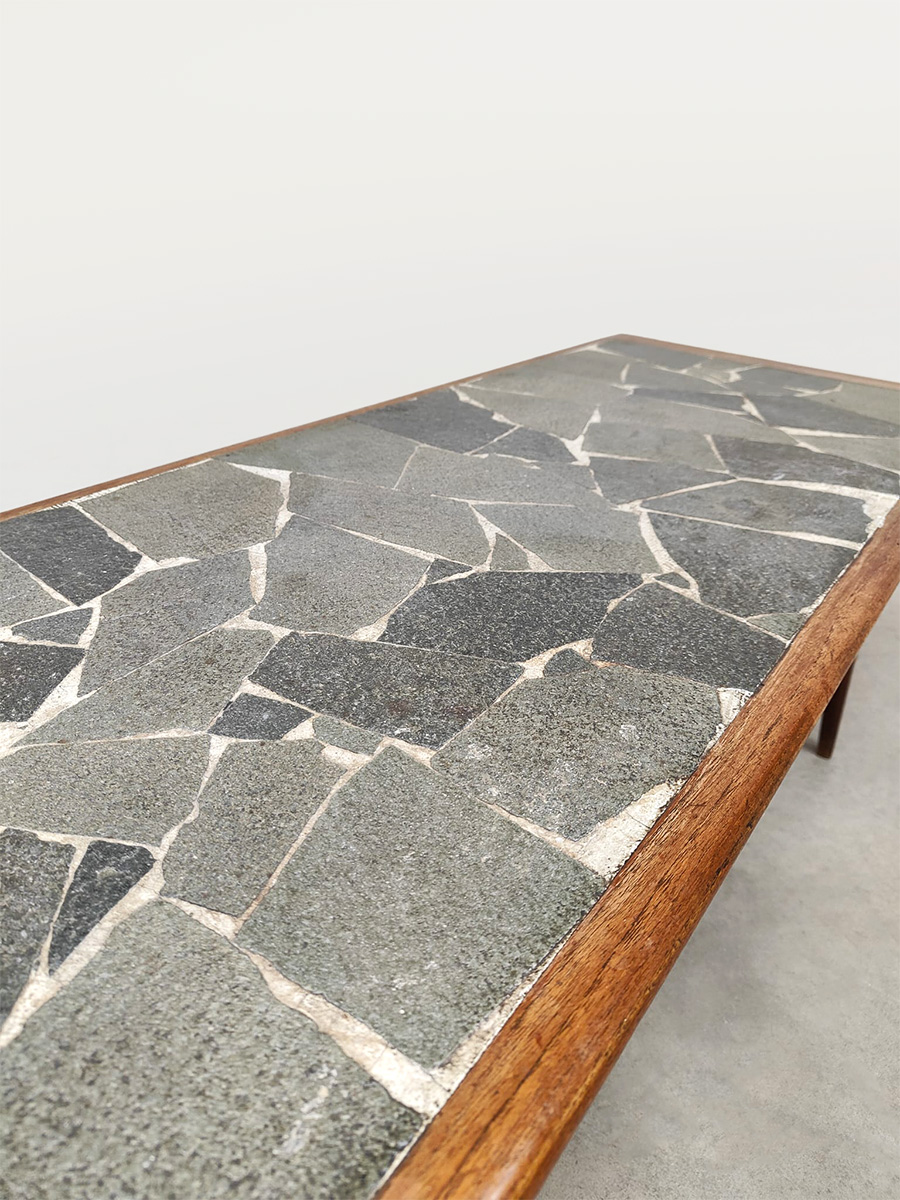 Midcentury furniture design teak & slate stone coffee table Deense hout & leistenen salontafel