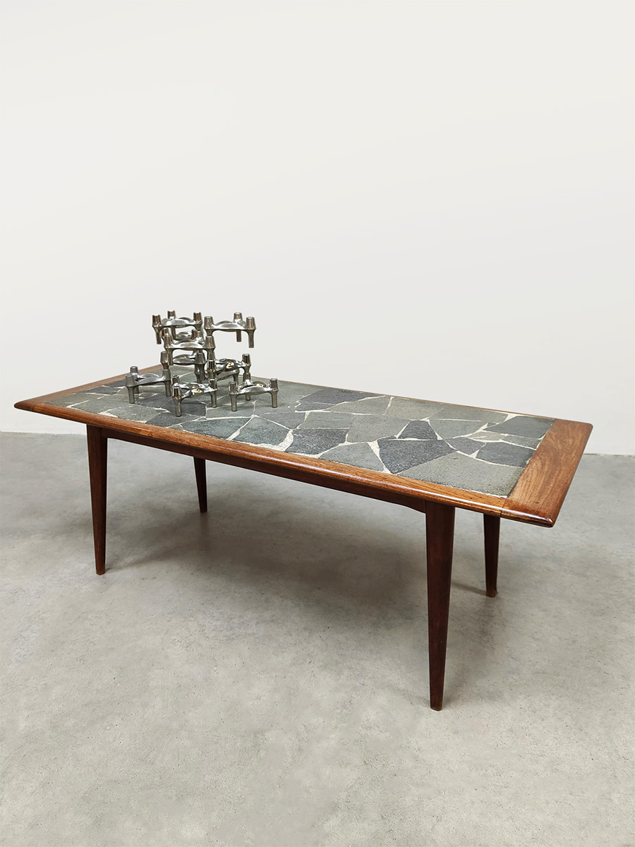Danish interior design teak & slate stone coffee table Deense hout & leistenen salontafel flagstones