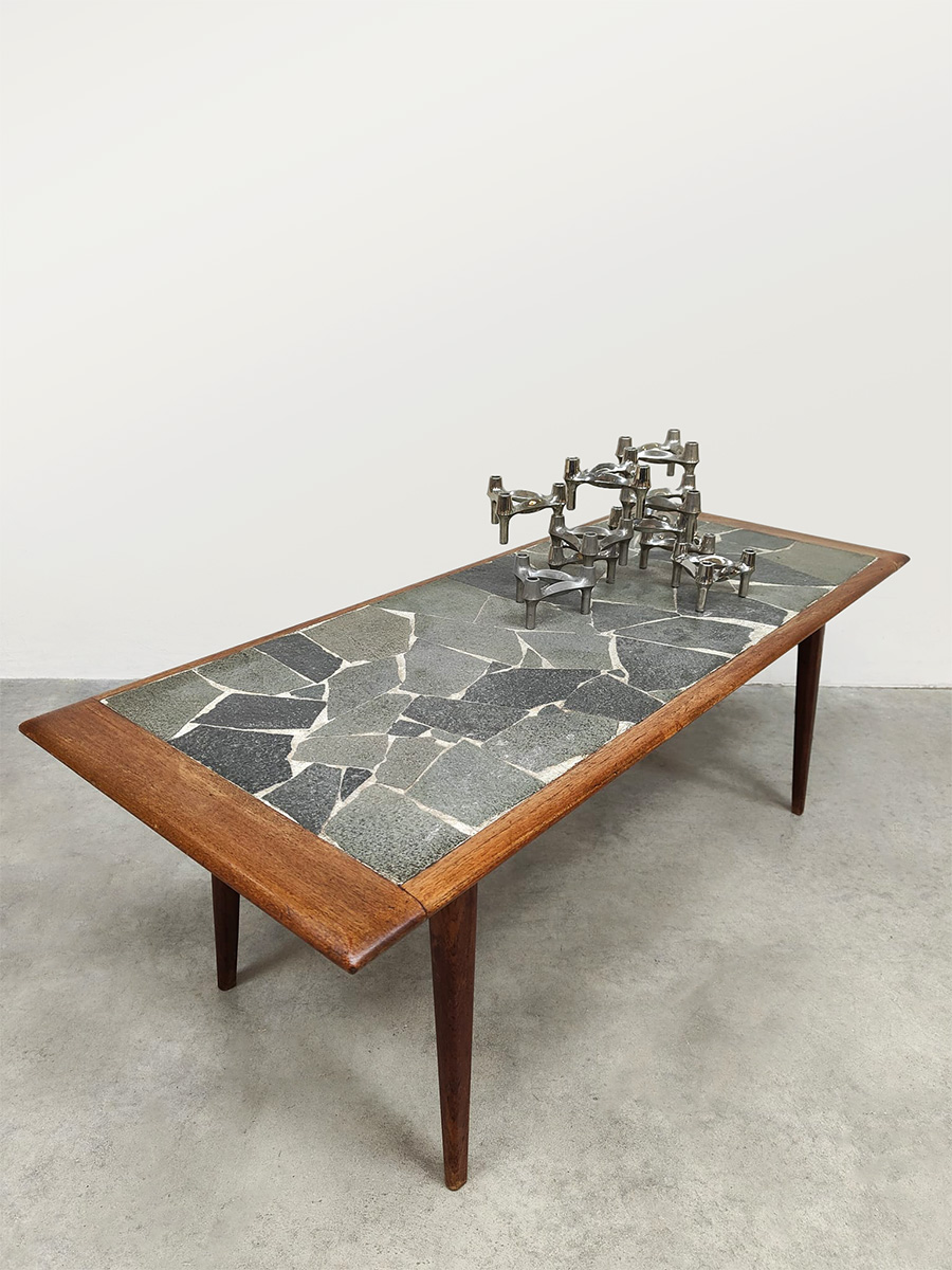 Vintage Danish design teak & slate stone coffee table Deense hout & leistenen salontafel