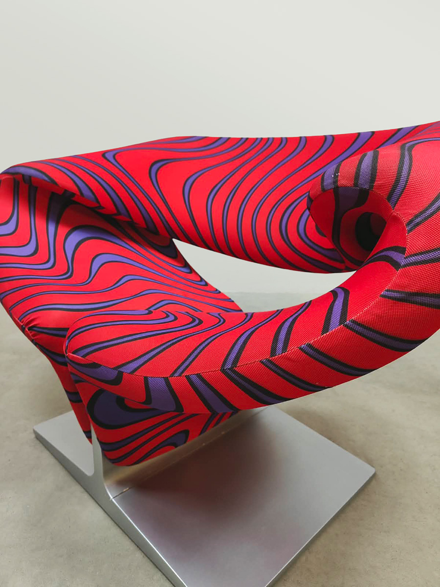 Midcentury interior Dutch design Ribbon easy lounge chair Pierre Paulin Artifort 'psychedelic Jack Lenor Larsen fabric'