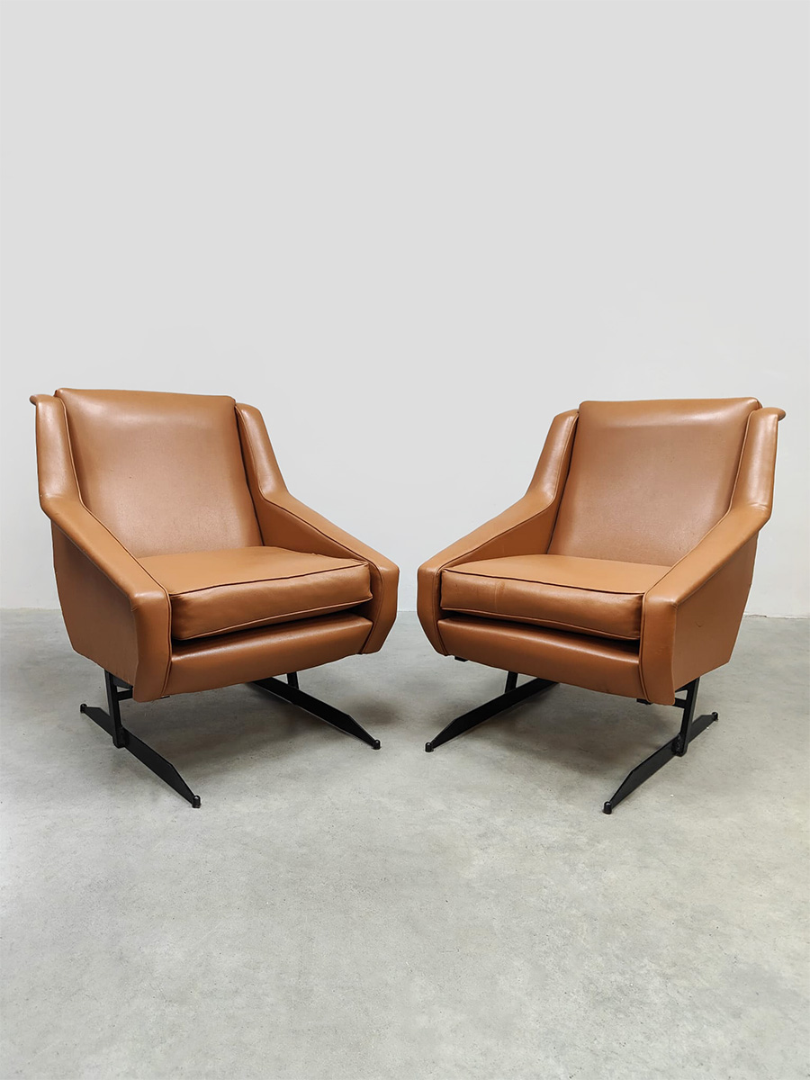 Vintage Italian cognac design lounge chairs Italiaanse fauteuils 'Hermes style'