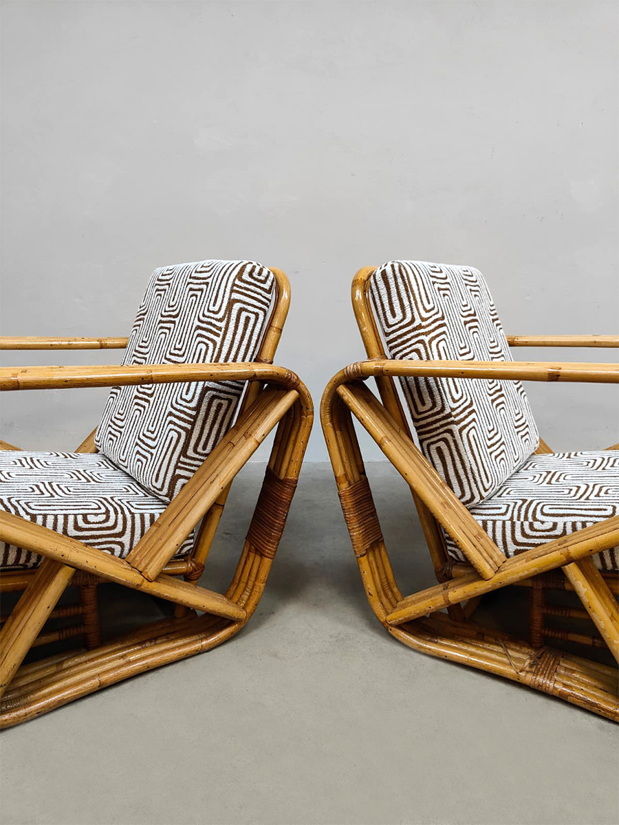 Vintage rattan rotan bamboo lounge chairs bamboe fauteuils Paul Frankl